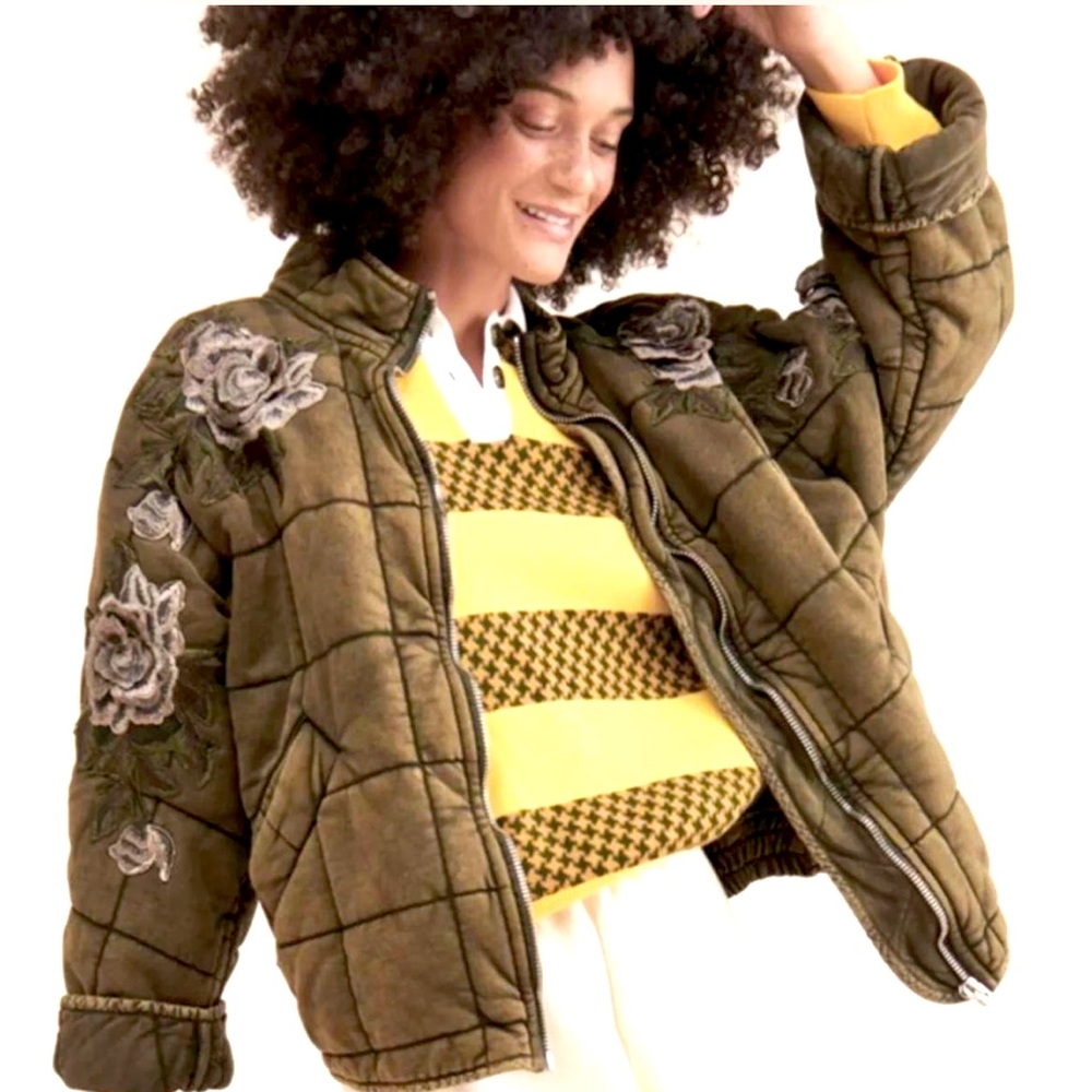 Free People x Tricia Fix Quilted Dolman Jacket Upcycle Embellished Rose Bomber M